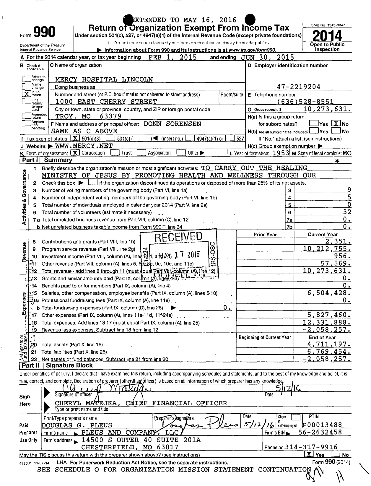 Image of first page of 2014 Form 990 for Mercy Hospital Lincoln