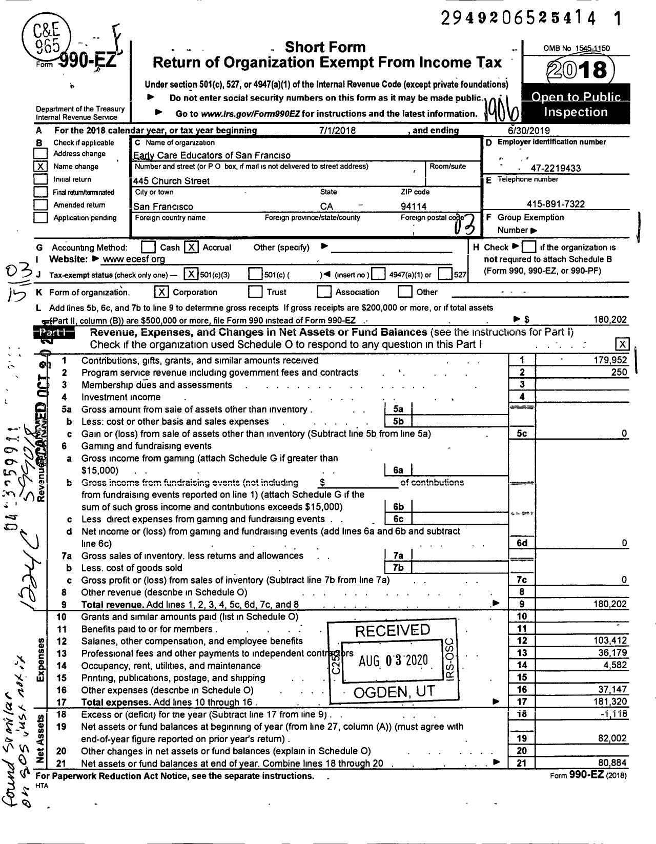 Image of first page of 2018 Form 990EZ for Early Care Educators of San Franciso (ECESF)