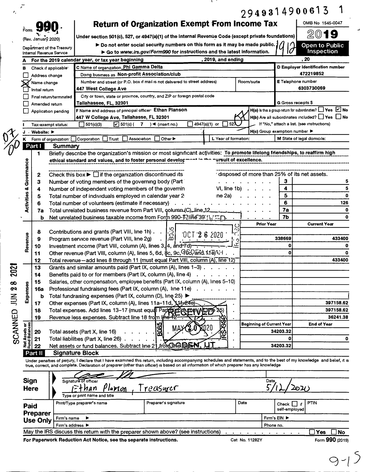 Image of first page of 2019 Form 990O for Phi Gamma Delta Fraternity - Non Profit AssociationClub