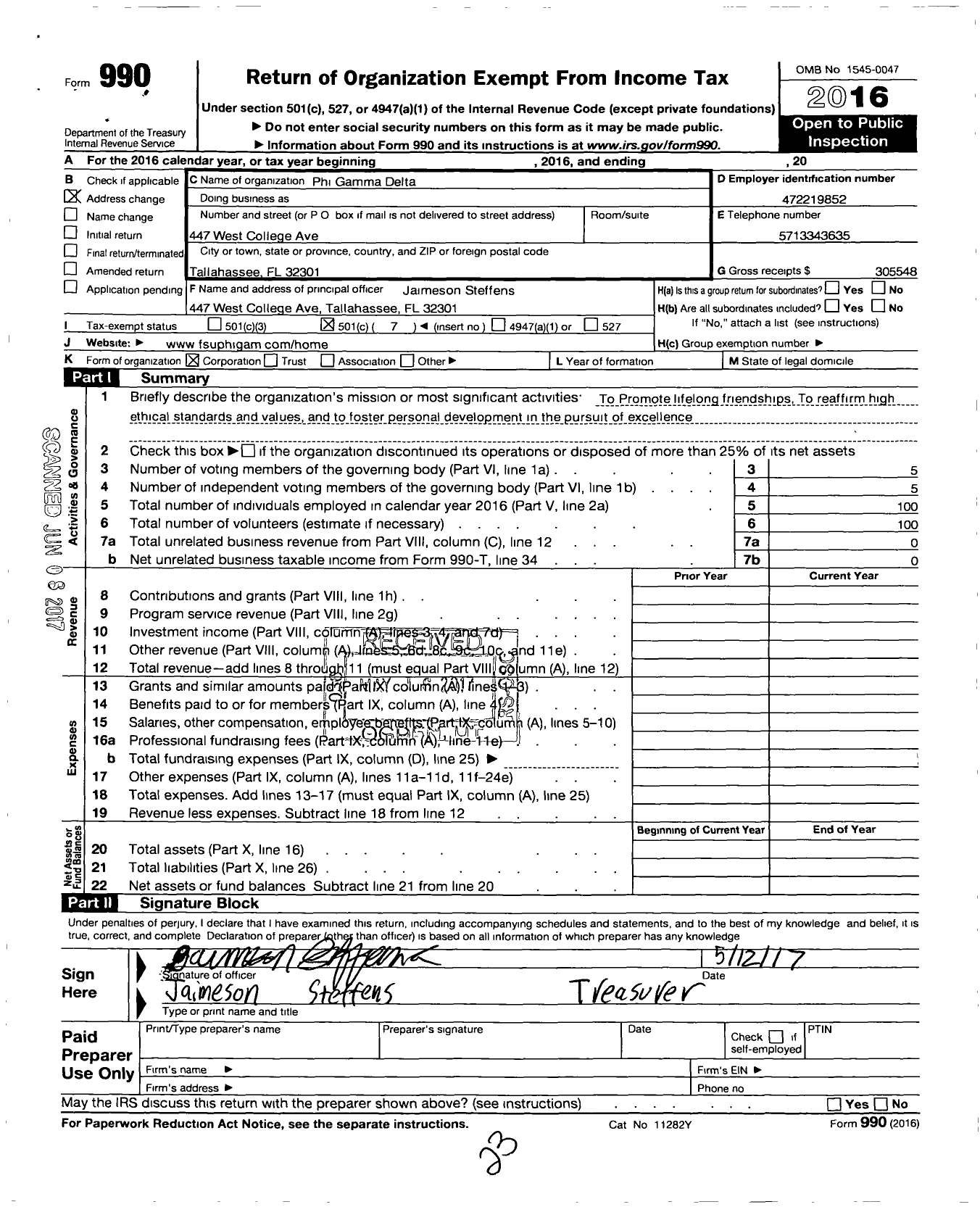 Image of first page of 2016 Form 990O for Phi Gamma Delta Fraternity - Non Profit AssociationClub