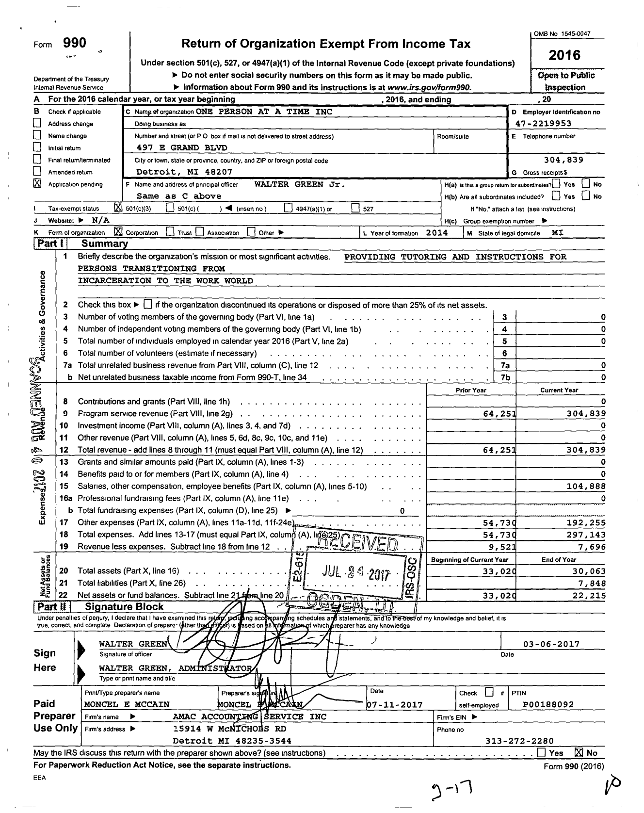 Image of first page of 2016 Form 990 for One Person at A Time