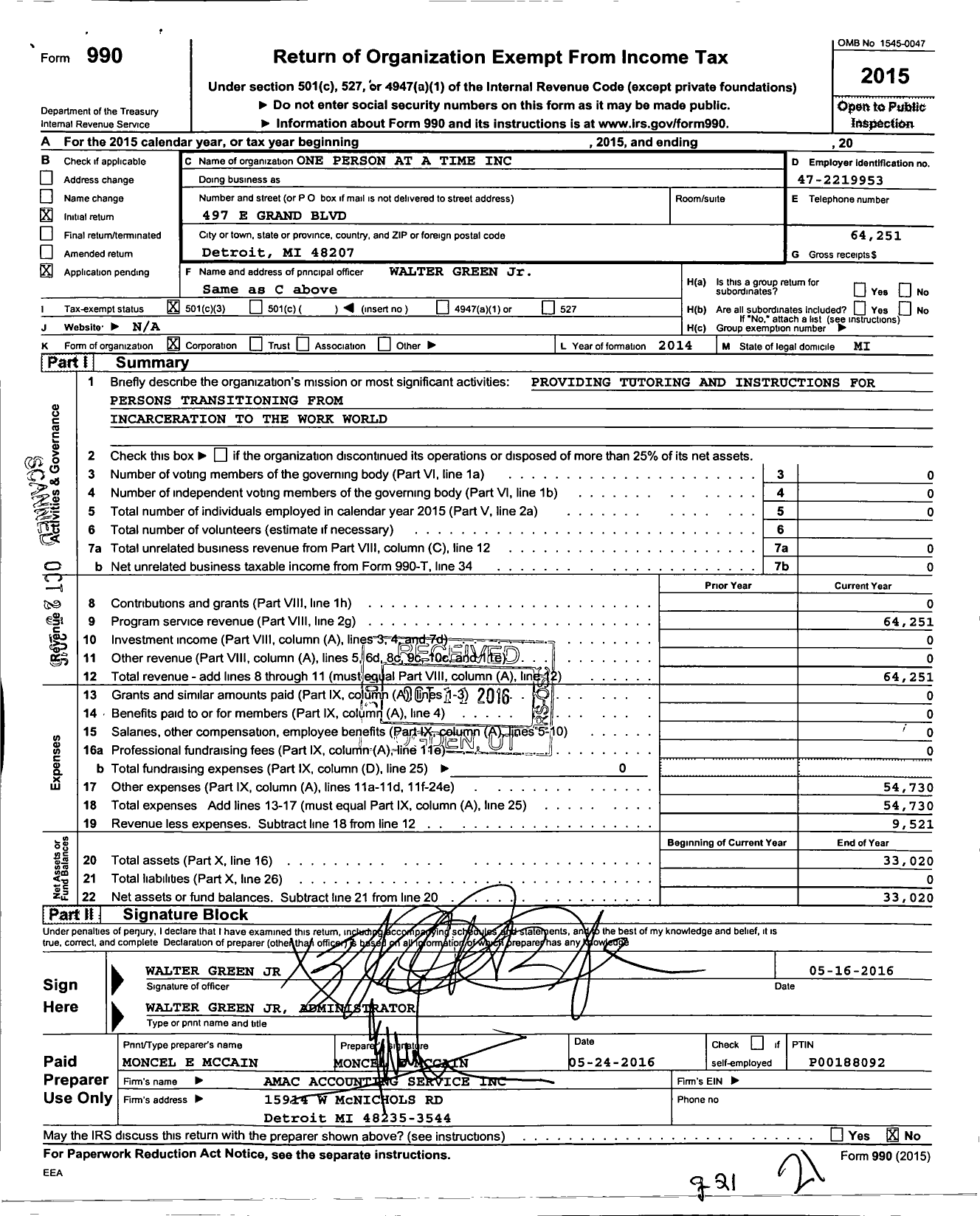 Image of first page of 2015 Form 990 for One Person at A Time