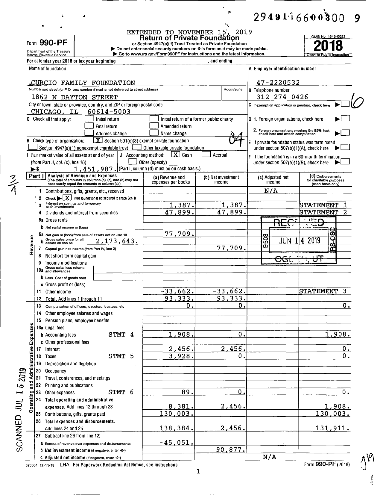 Image of first page of 2018 Form 990PF for Curcio Family Foundation