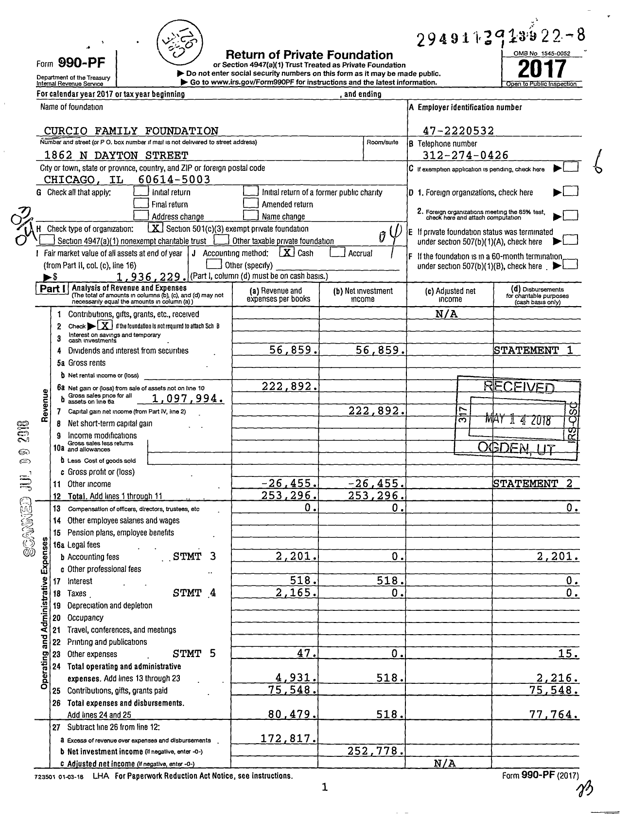 Image of first page of 2017 Form 990PF for Curcio Family Foundation