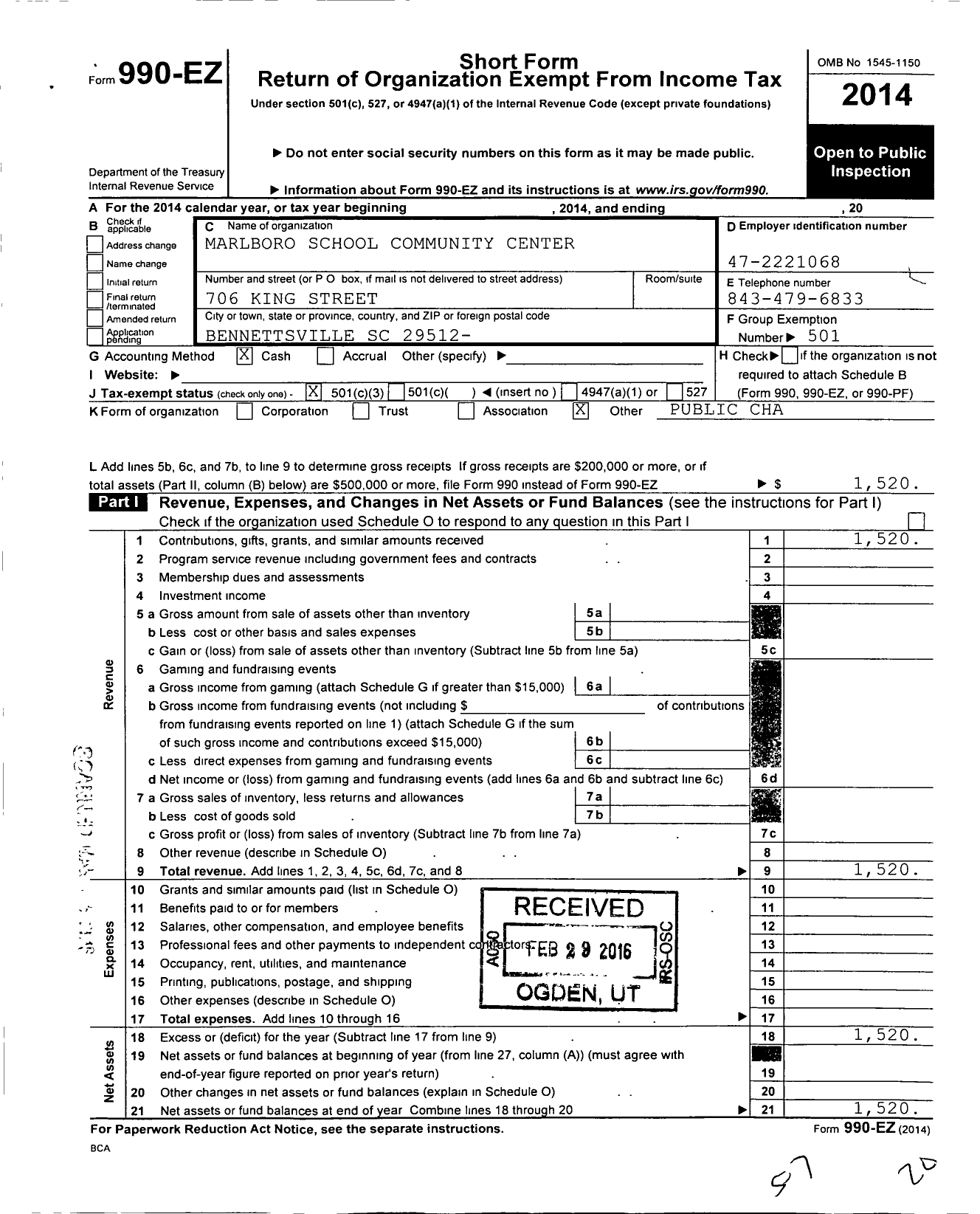 Image of first page of 2014 Form 990EZ for Marlboro School Community Center