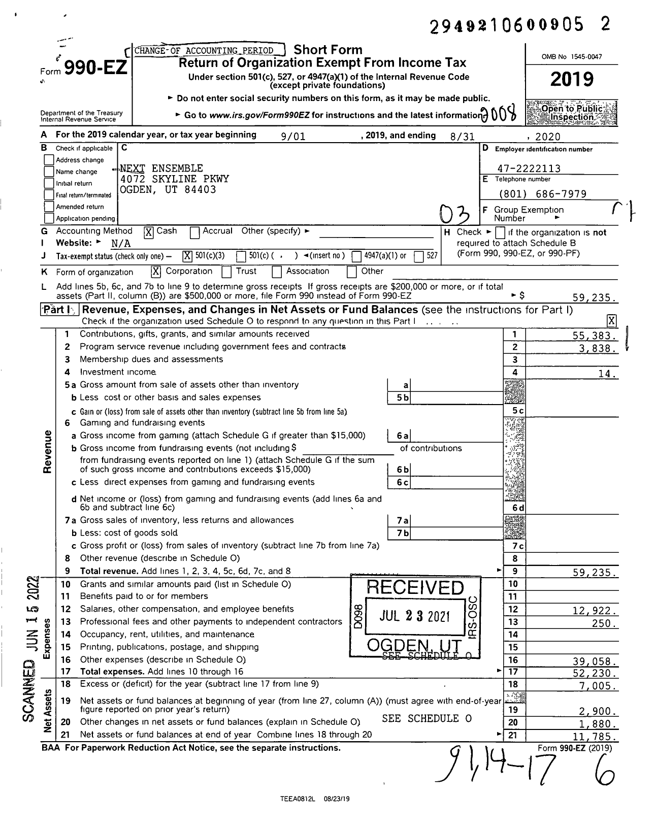 Image of first page of 2019 Form 990EZ for Next Ensemble