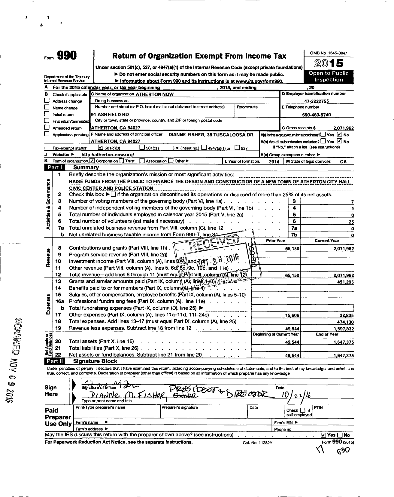Image of first page of 2015 Form 990 for Atherton Now