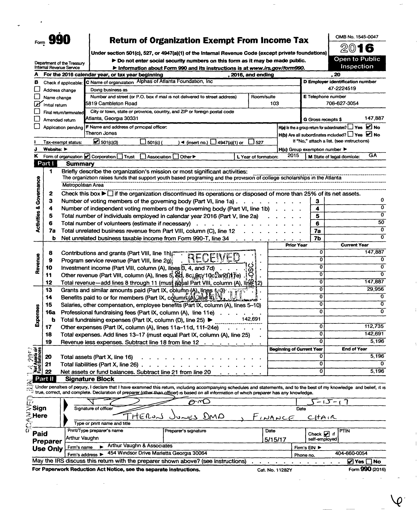 Image of first page of 2016 Form 990 for Alphas of Atlanta Foundation