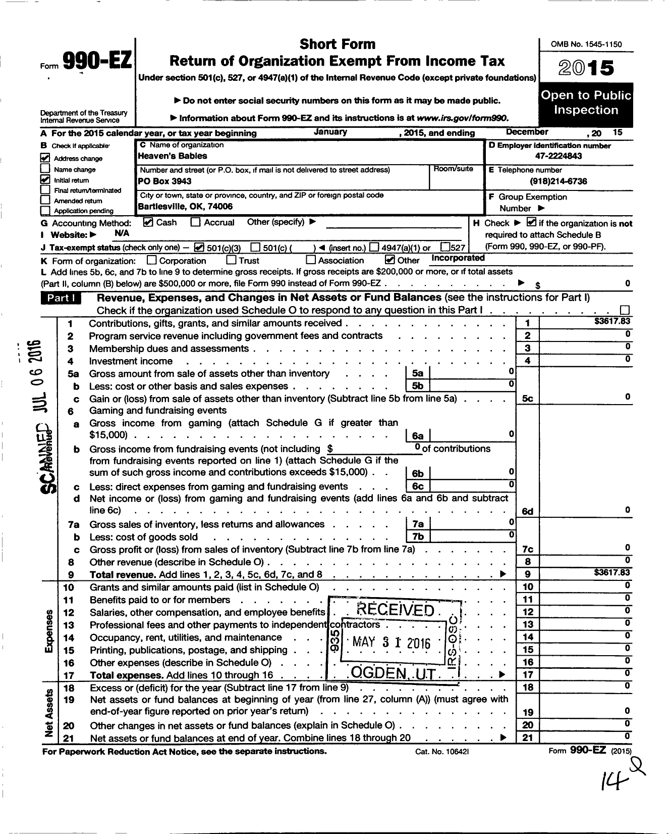 Image of first page of 2015 Form 990EZ for Heavens Babies