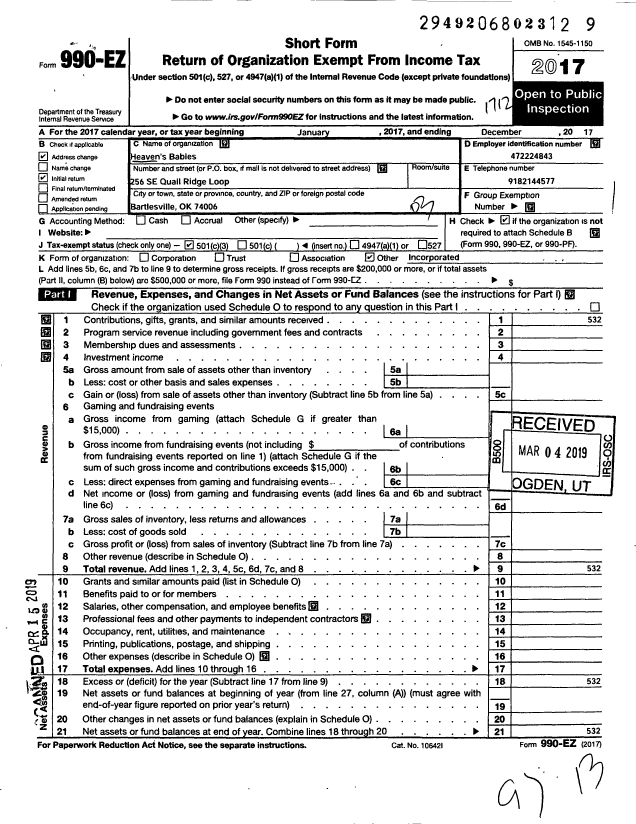 Image of first page of 2017 Form 990EZ for Heavens Babies