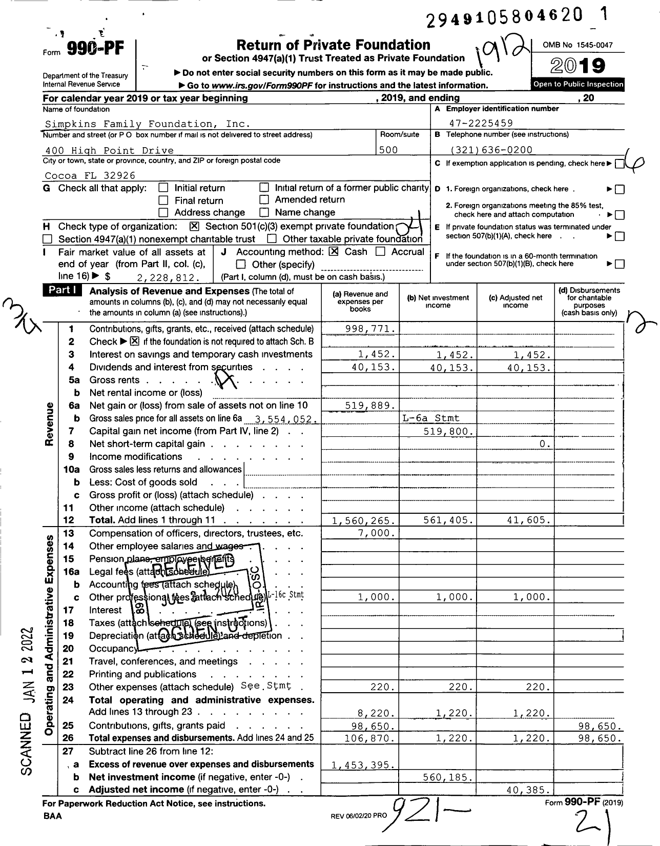 Image of first page of 2019 Form 990PF for Simpkins Family Foundation