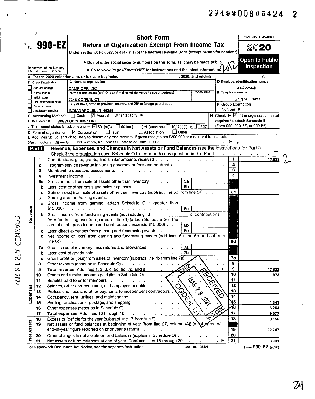 Image of first page of 2020 Form 990EZ for Camp Opp