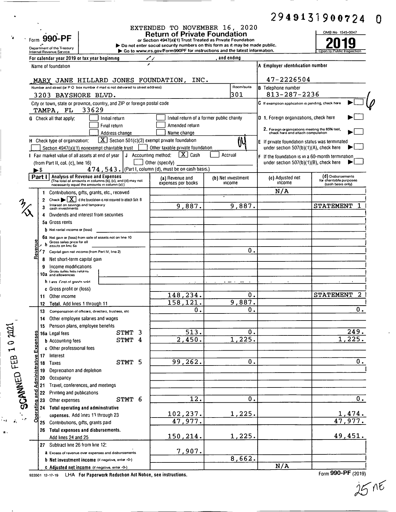 Image of first page of 2019 Form 990PF for Mary Jane Hillard Jones Foundation