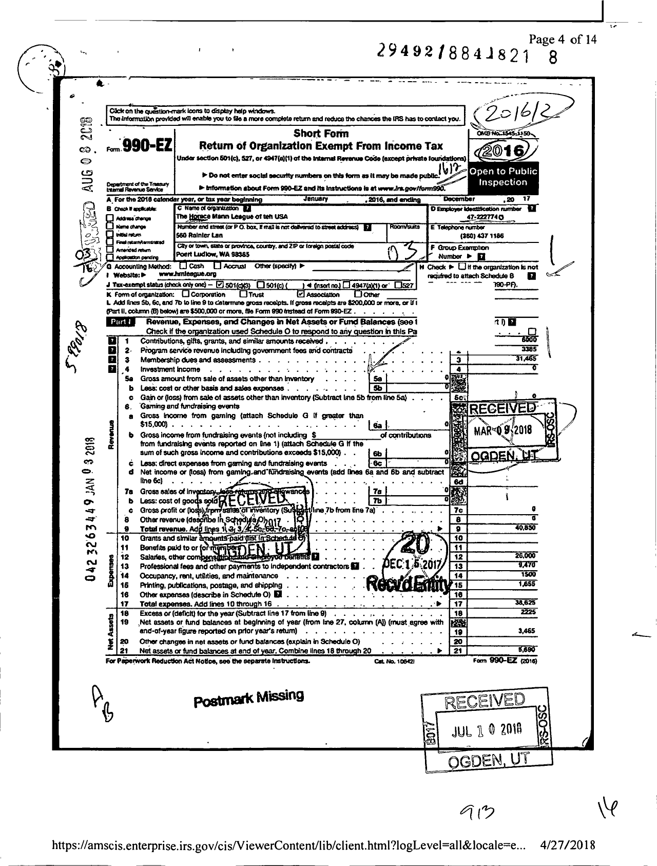 Image of first page of 2016 Form 990EZ for Horace Mann League of the United States of America