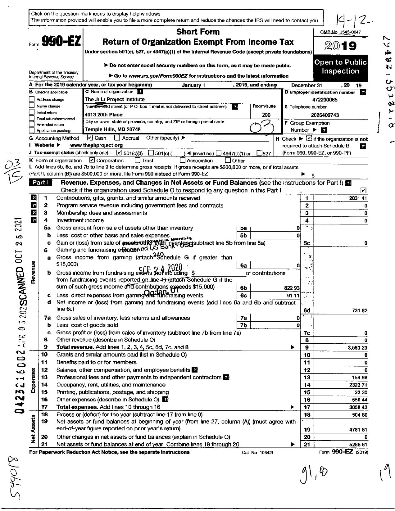 Image of first page of 2019 Form 990EZ for Ji Li Project Institute