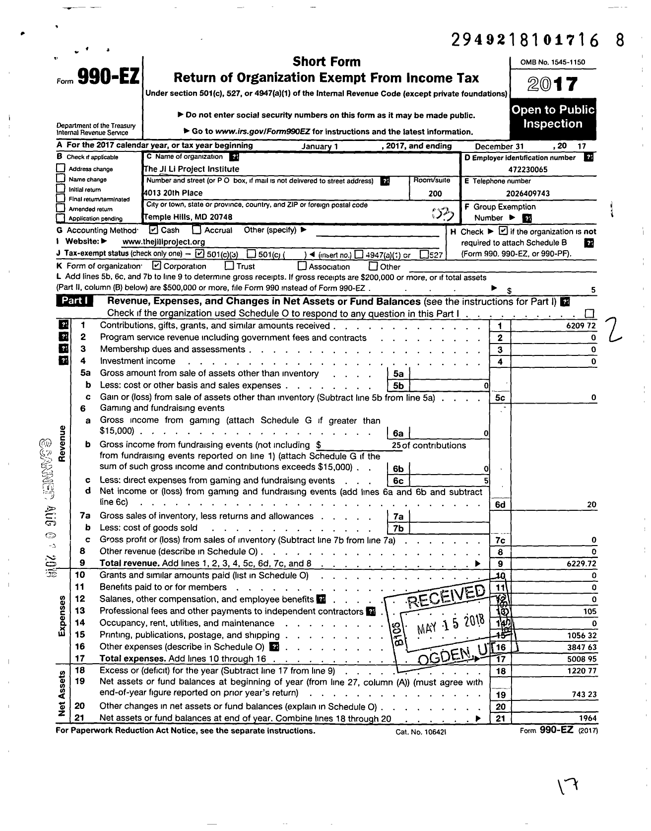 Image of first page of 2017 Form 990EZ for Ji Li Project Institute