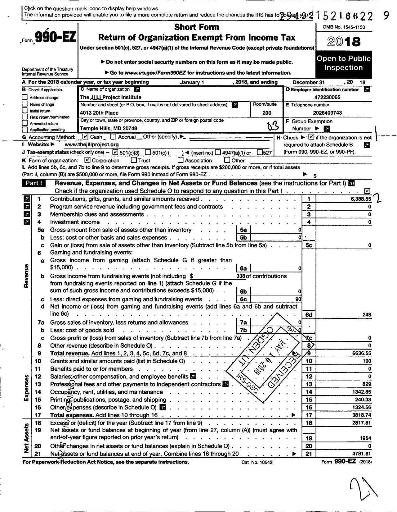 Image of first page of 2018 Form 990EZ for Ji Li Project Institute