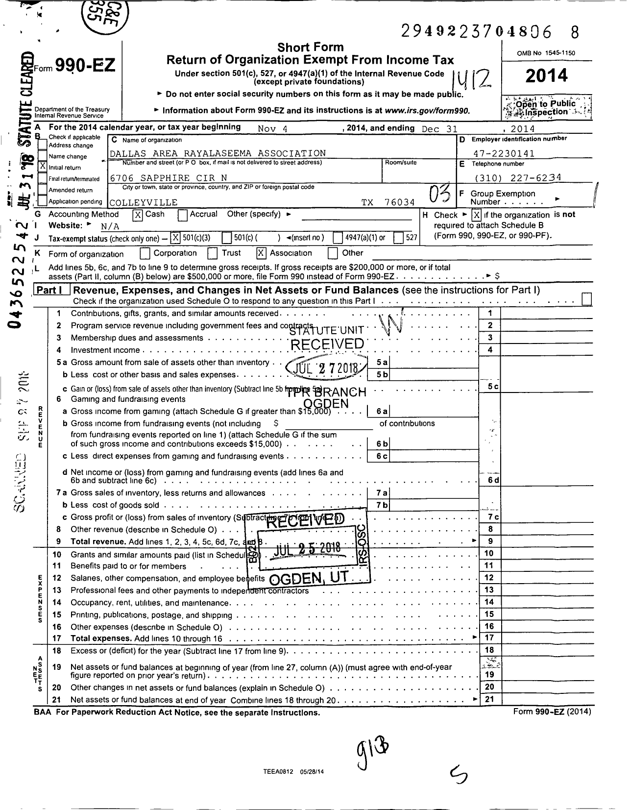 Image of first page of 2014 Form 990EZ for Dallas Area Rayalaseema Association