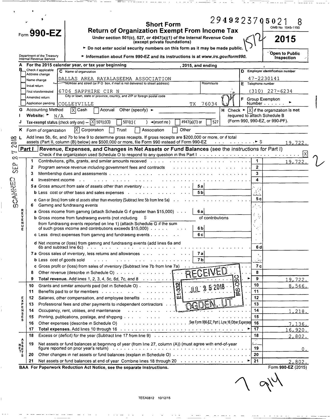 Image of first page of 2015 Form 990EO for Dallas Area Rayalaseema Association