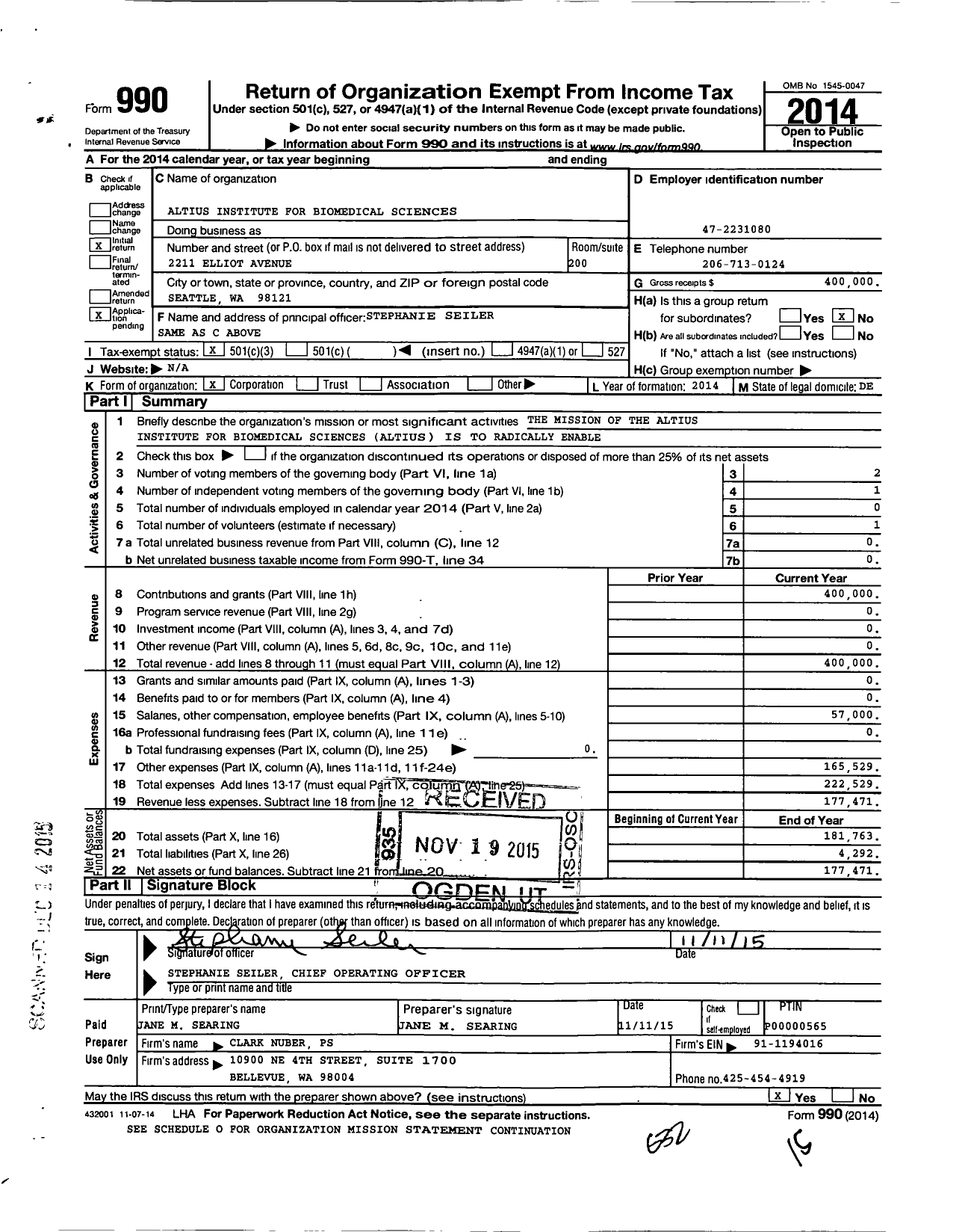 Image of first page of 2014 Form 990 for Altius Institute for Biomedical Sciences