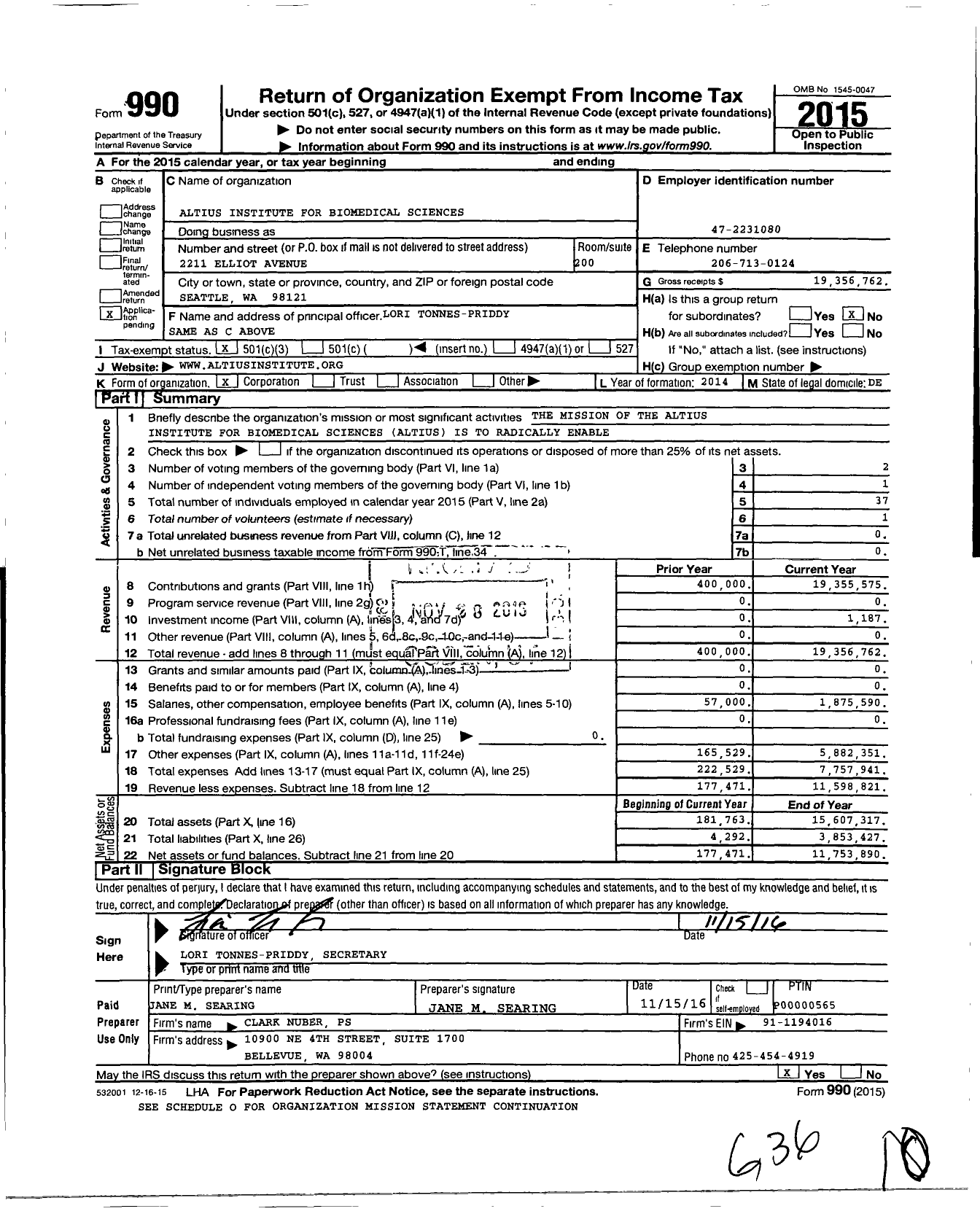 Image of first page of 2015 Form 990 for Altius Institute for Biomedical Sciences