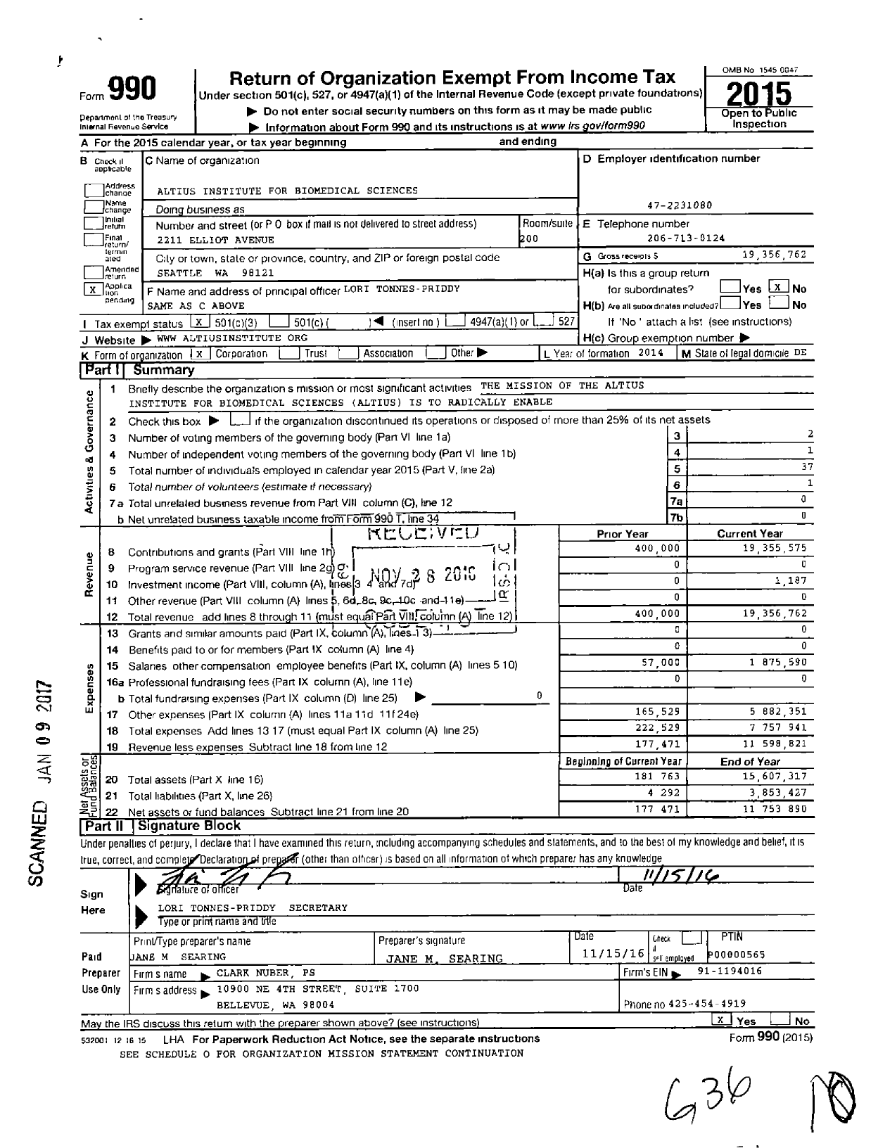 Image of first page of 2015 Form 990 for Altius Institute for Biomedical Sciences