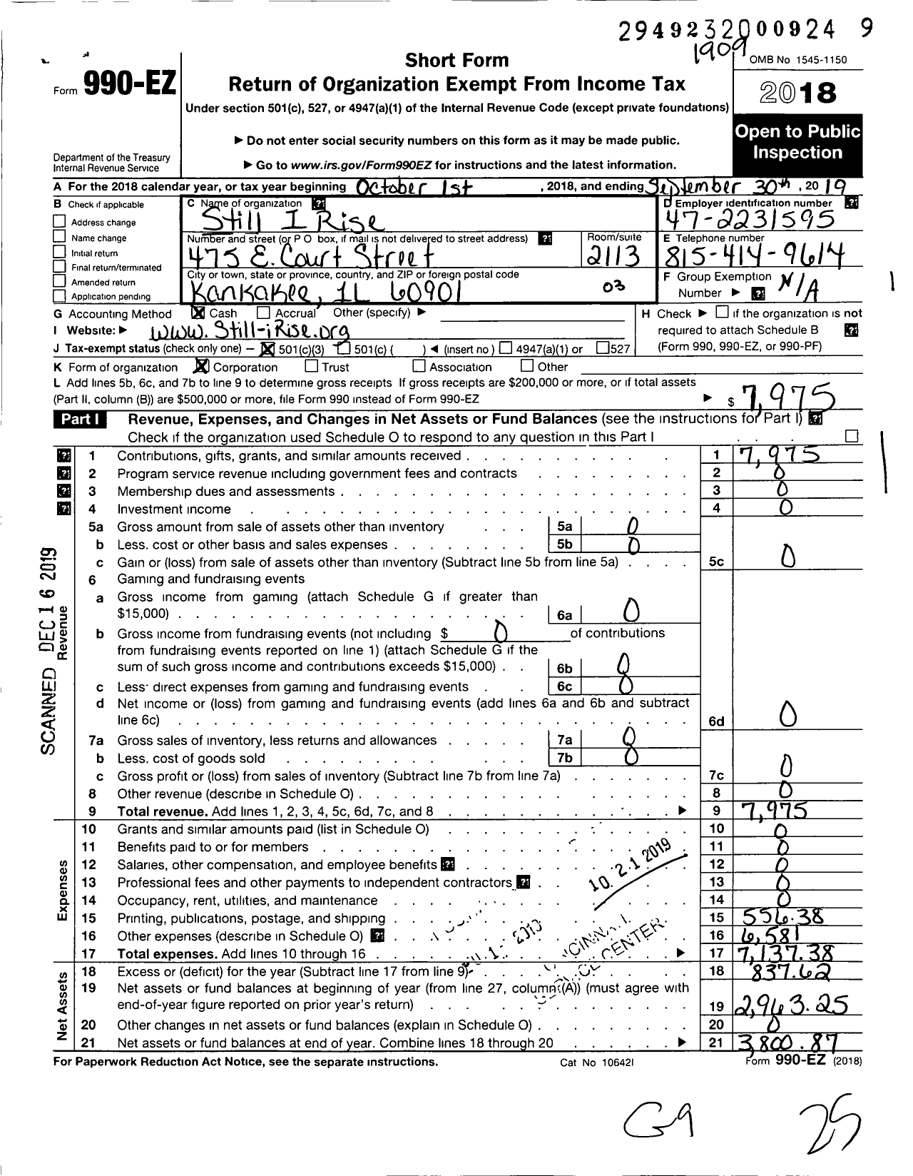 Image of first page of 2018 Form 990EZ for Still I Rise