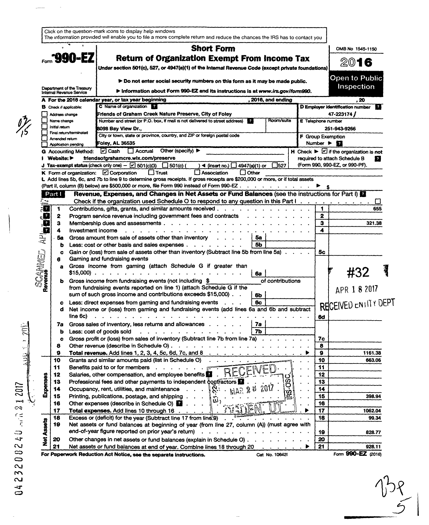 Image of first page of 2016 Form 990EZ for Friends of Graham Creek Nature Preserve City of Foley