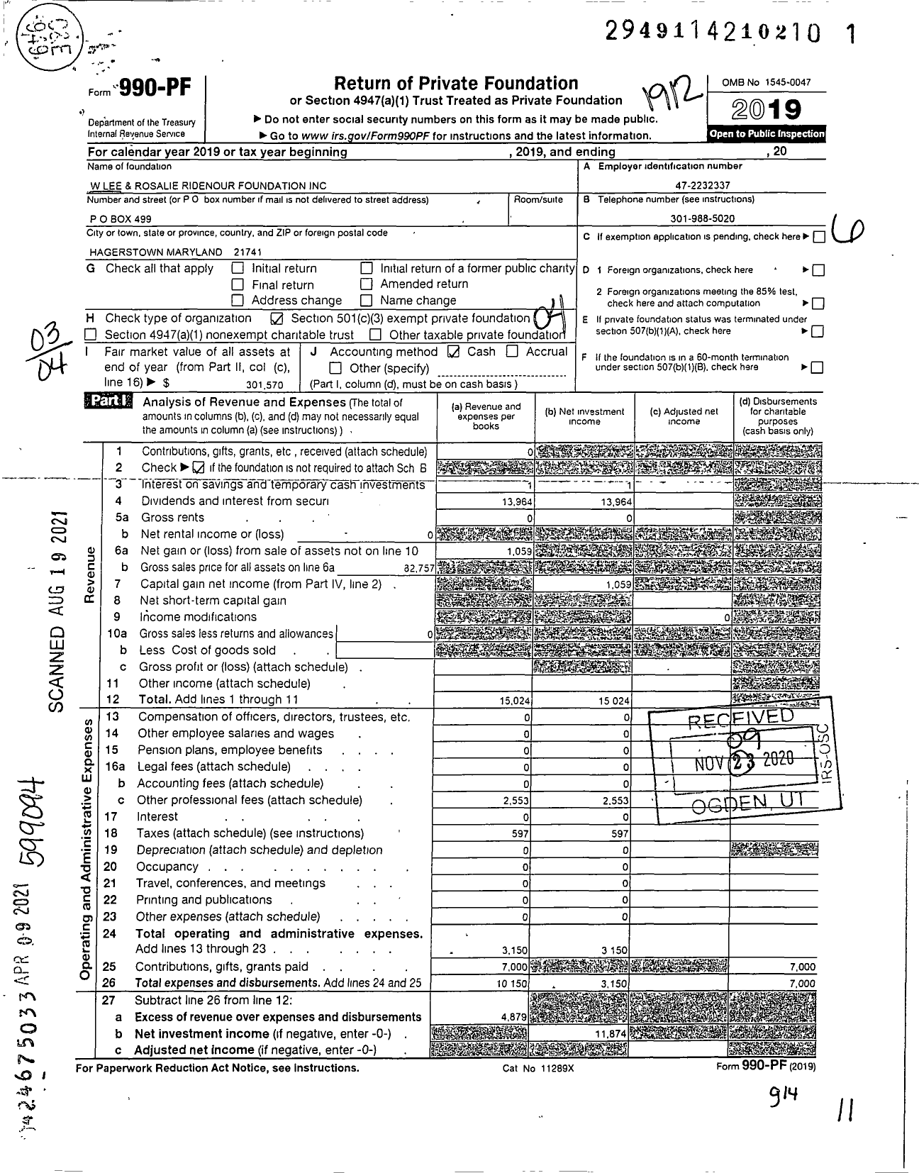 Image of first page of 2019 Form 990PF for W LEE AND ROSALie ridenour FOUNDATION