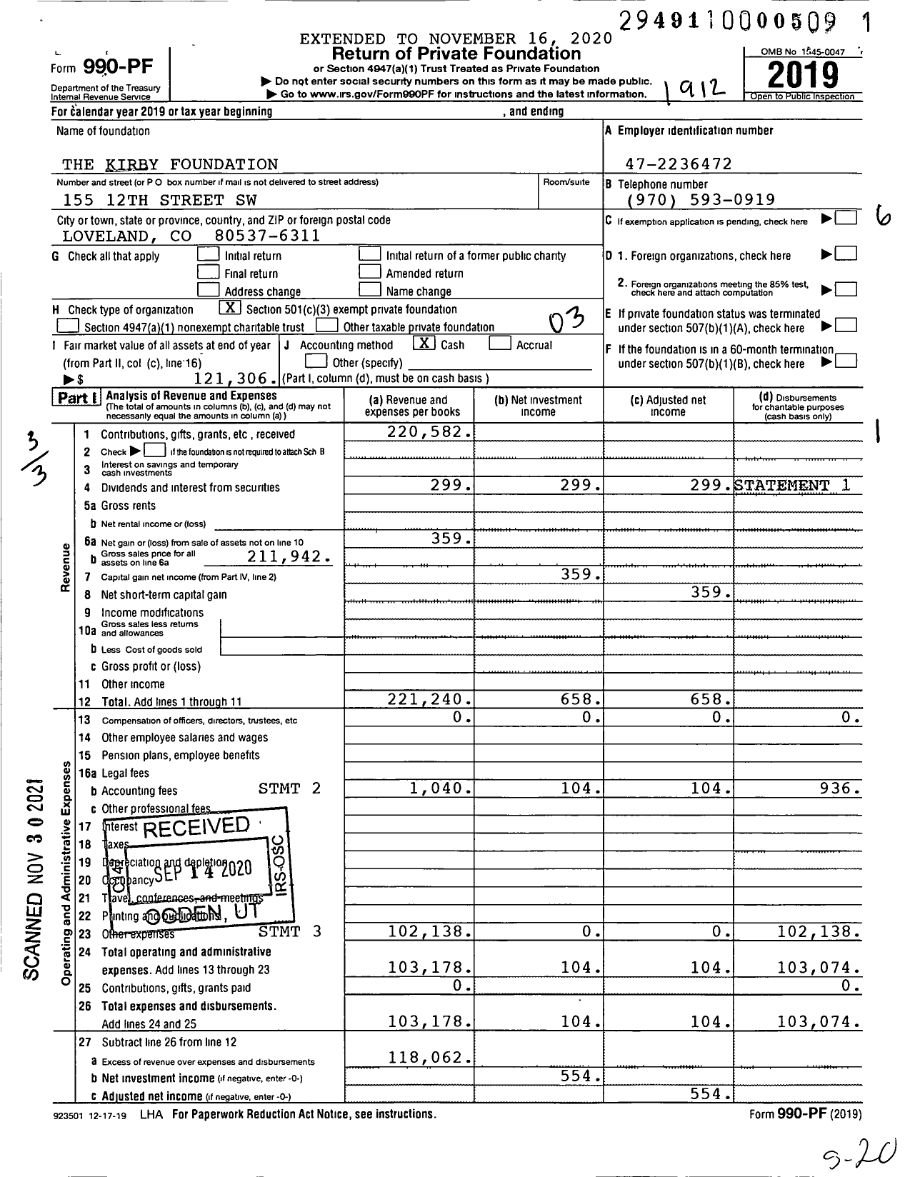 Image of first page of 2019 Form 990PF for The Kirby Foundation