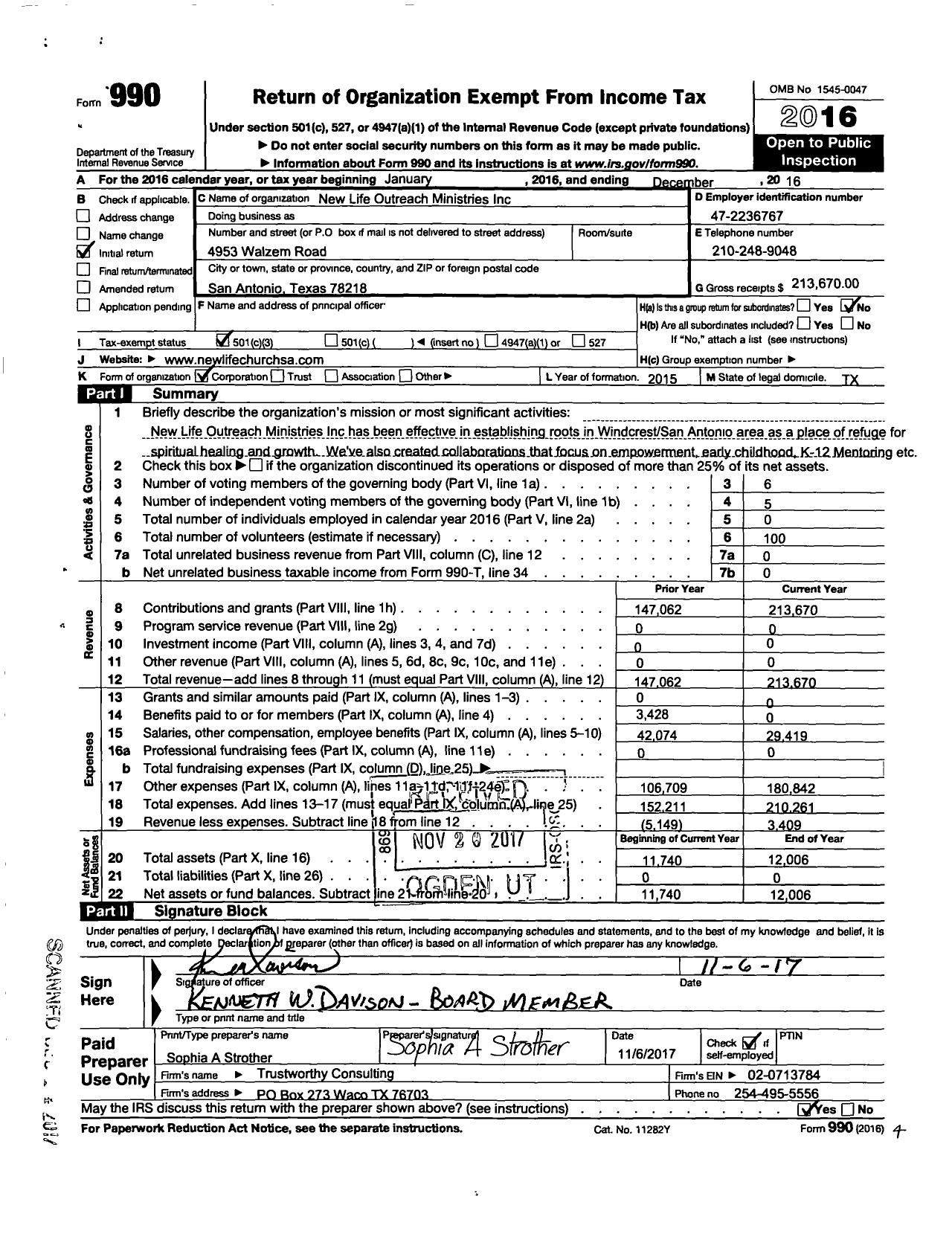 Image of first page of 2016 Form 990 for New Life Outreach Ministries