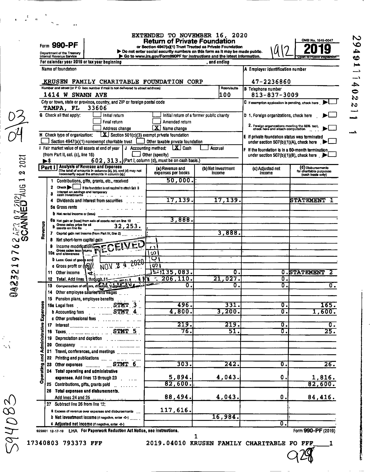 Image of first page of 2019 Form 990PF for Krusen Family Charitable Foundation Corporation