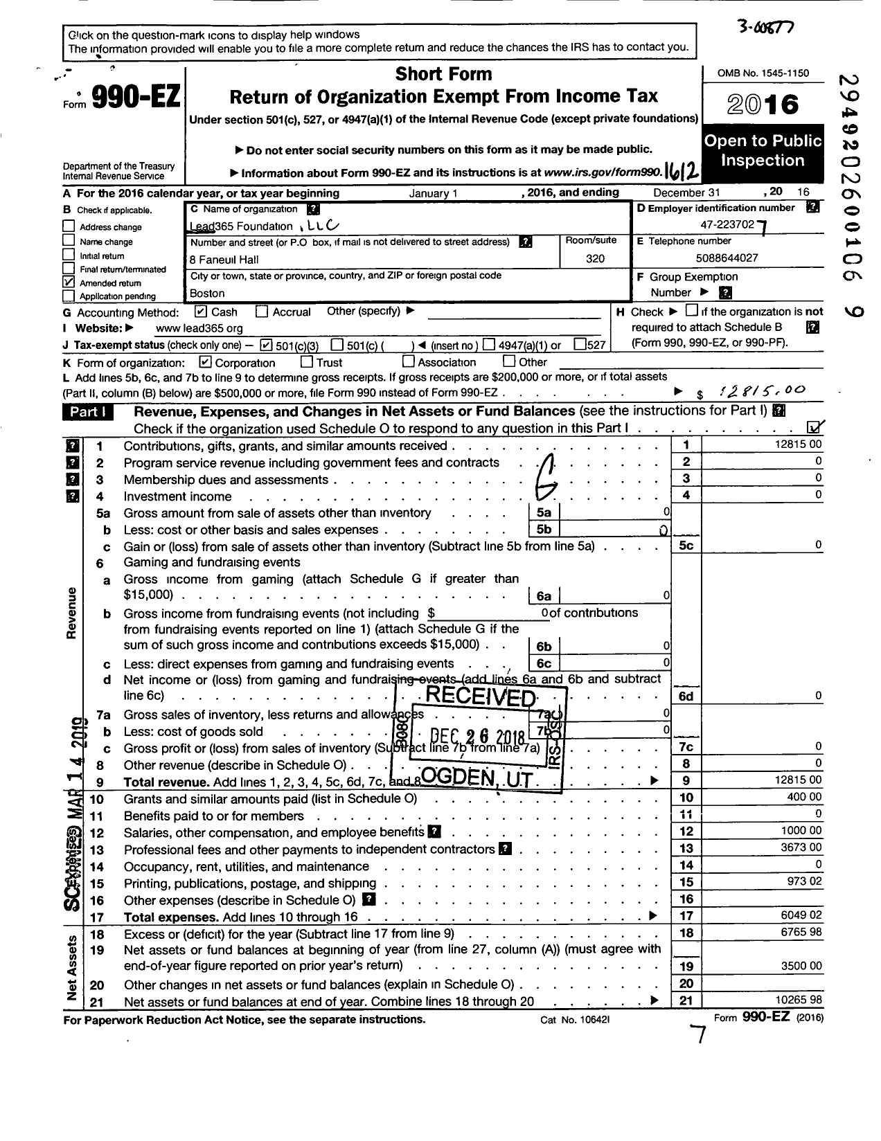 Image of first page of 2016 Form 990EZ for Lead365 Foundation