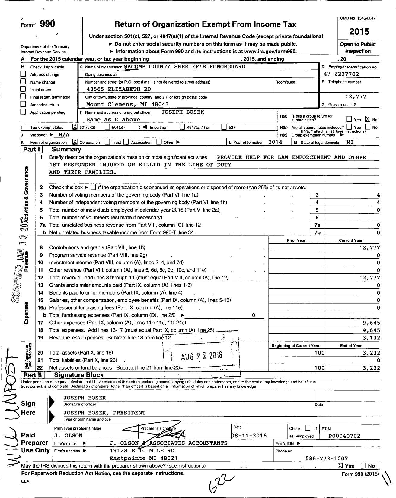 Image of first page of 2015 Form 990 for Macomb County Sheriffs Honorguard Guard