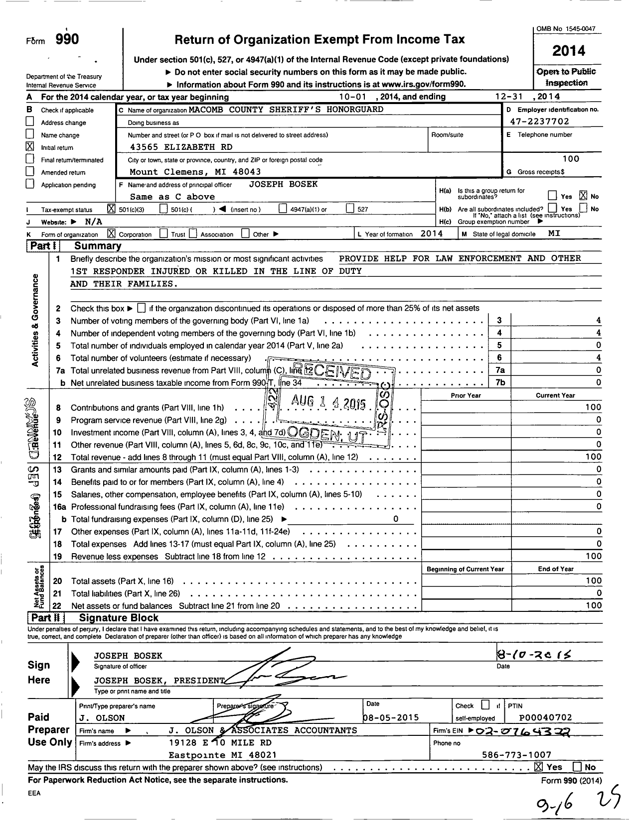 Image of first page of 2014 Form 990 for Macomb County Sheriffs Honorguard Guard