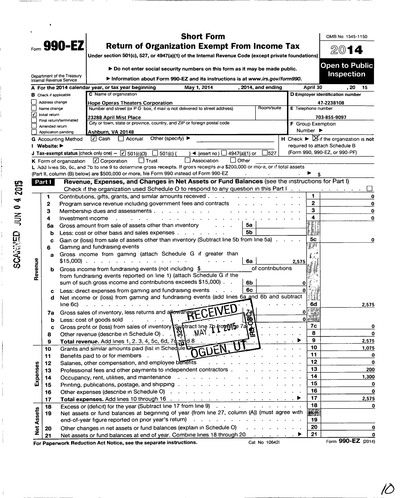 Image of first page of 2014 Form 990EZ for Hope Operas Theaters Corporation