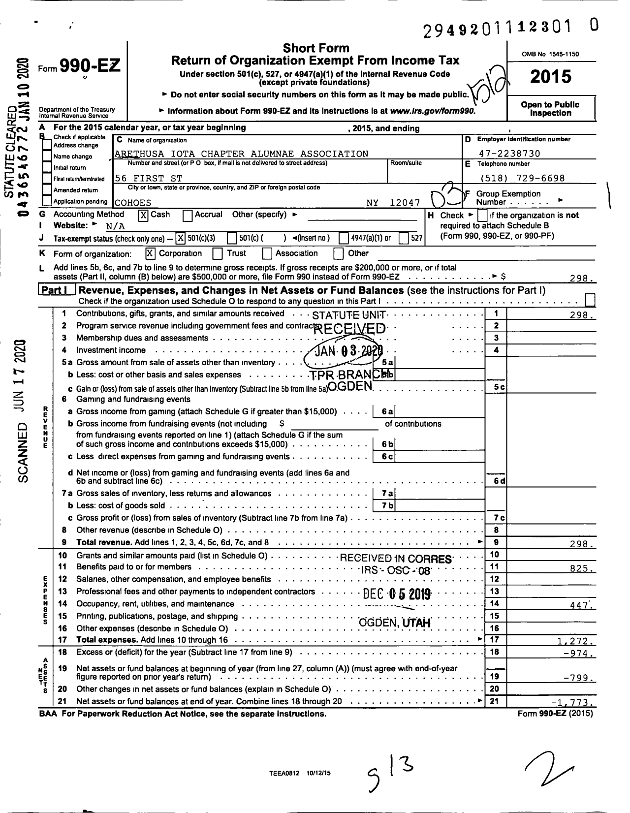 Image of first page of 2015 Form 990EZ for Arethusa Iora Chapter Alumnae Association