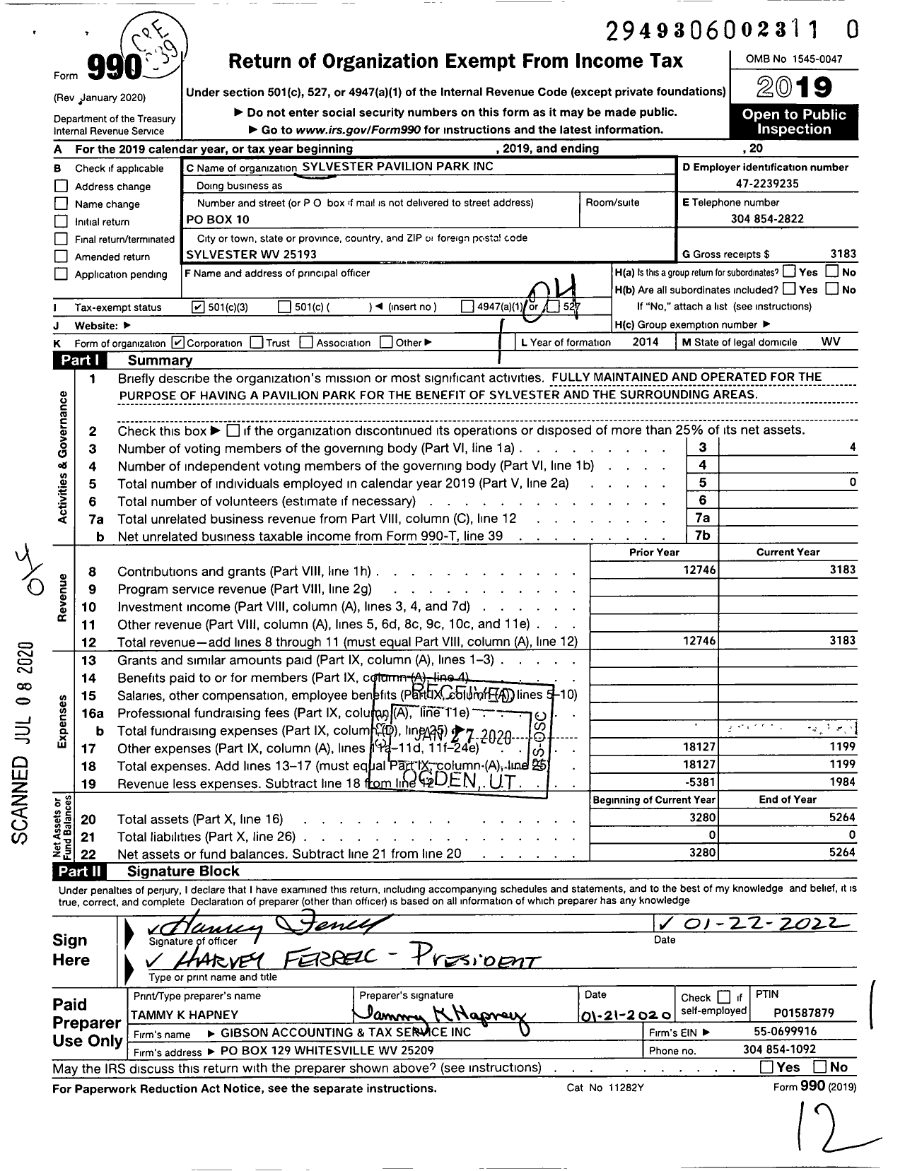 Image of first page of 2019 Form 990O for Sylvester Pavilion Park