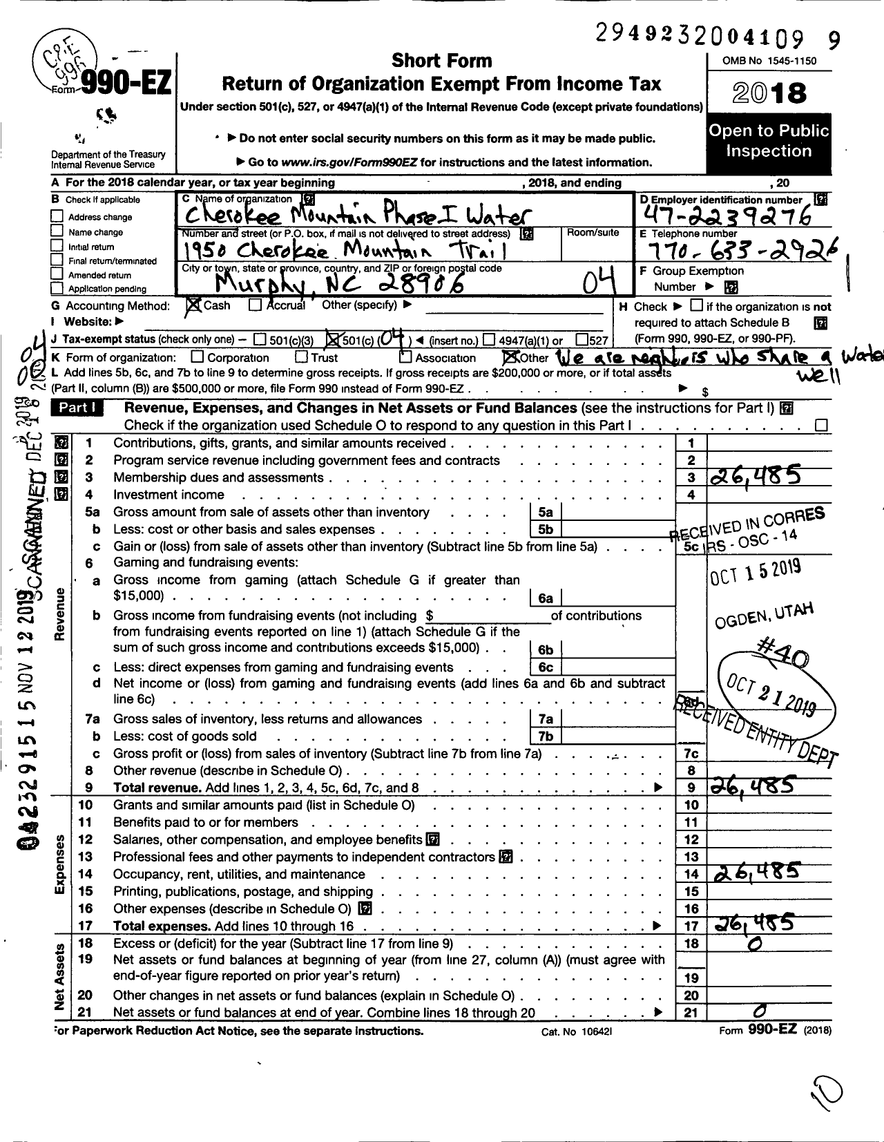 Image of first page of 2018 Form 990EO for Cherokee Mountain Phase I Water