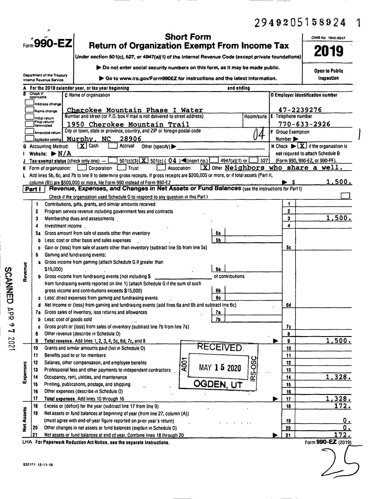 Image of first page of 2019 Form 990EO for Cherokee Mountain Phase I Water