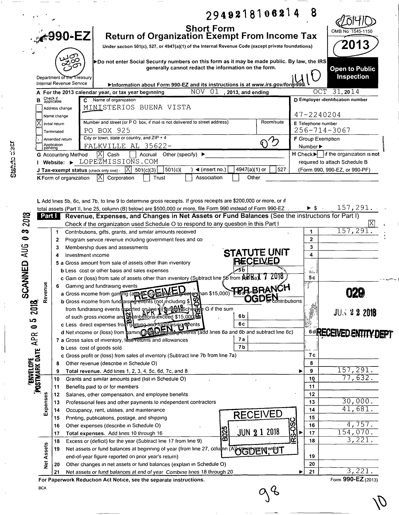 Image of first page of 2013 Form 990EZ for Ministerios Buena Vista