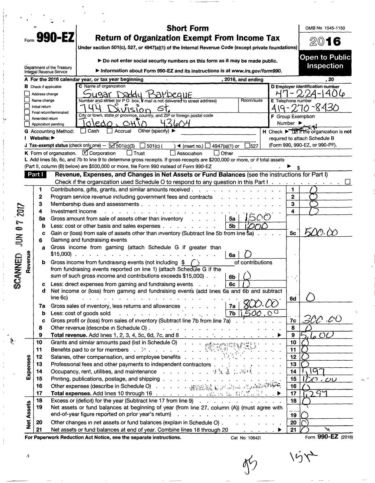 Image of first page of 2016 Form 990EZ for Sugar Daddy Bar B Que