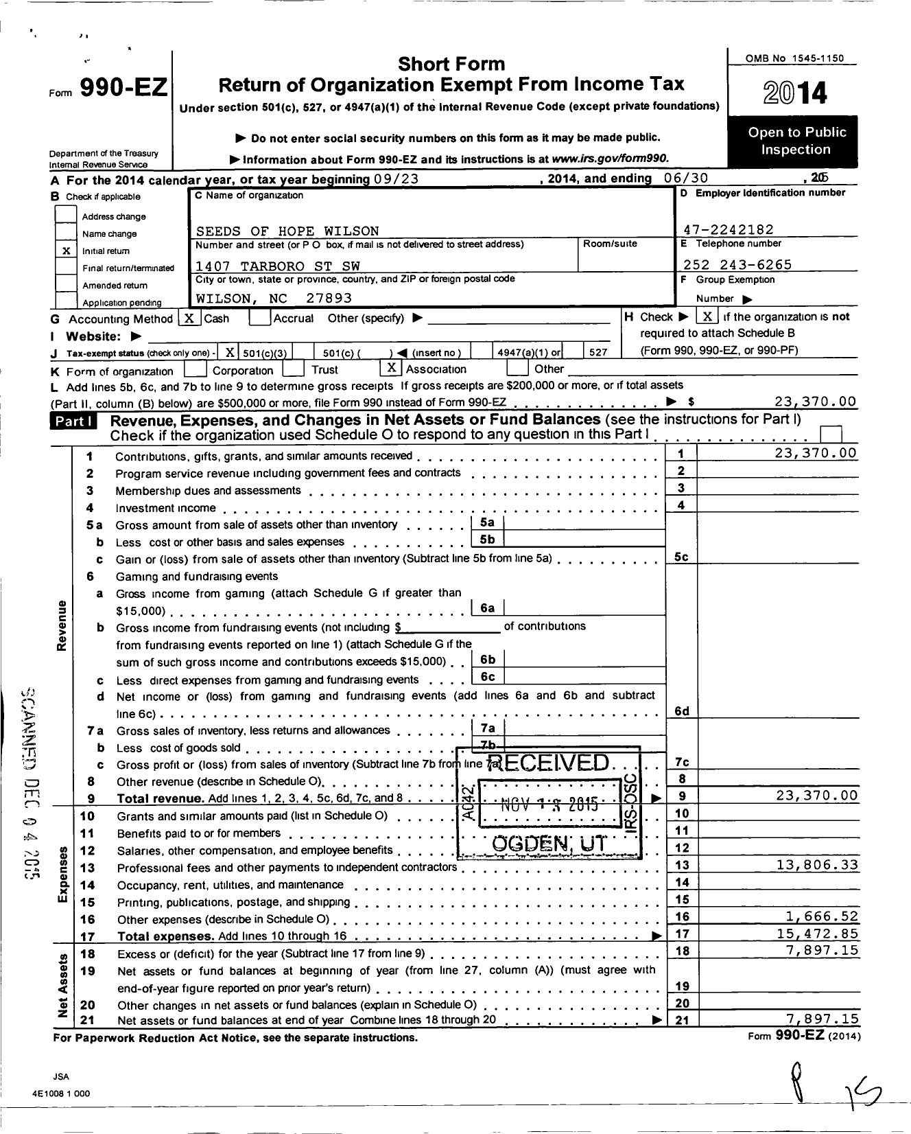 Image of first page of 2014 Form 990EZ for Seeds of Hope Wilson