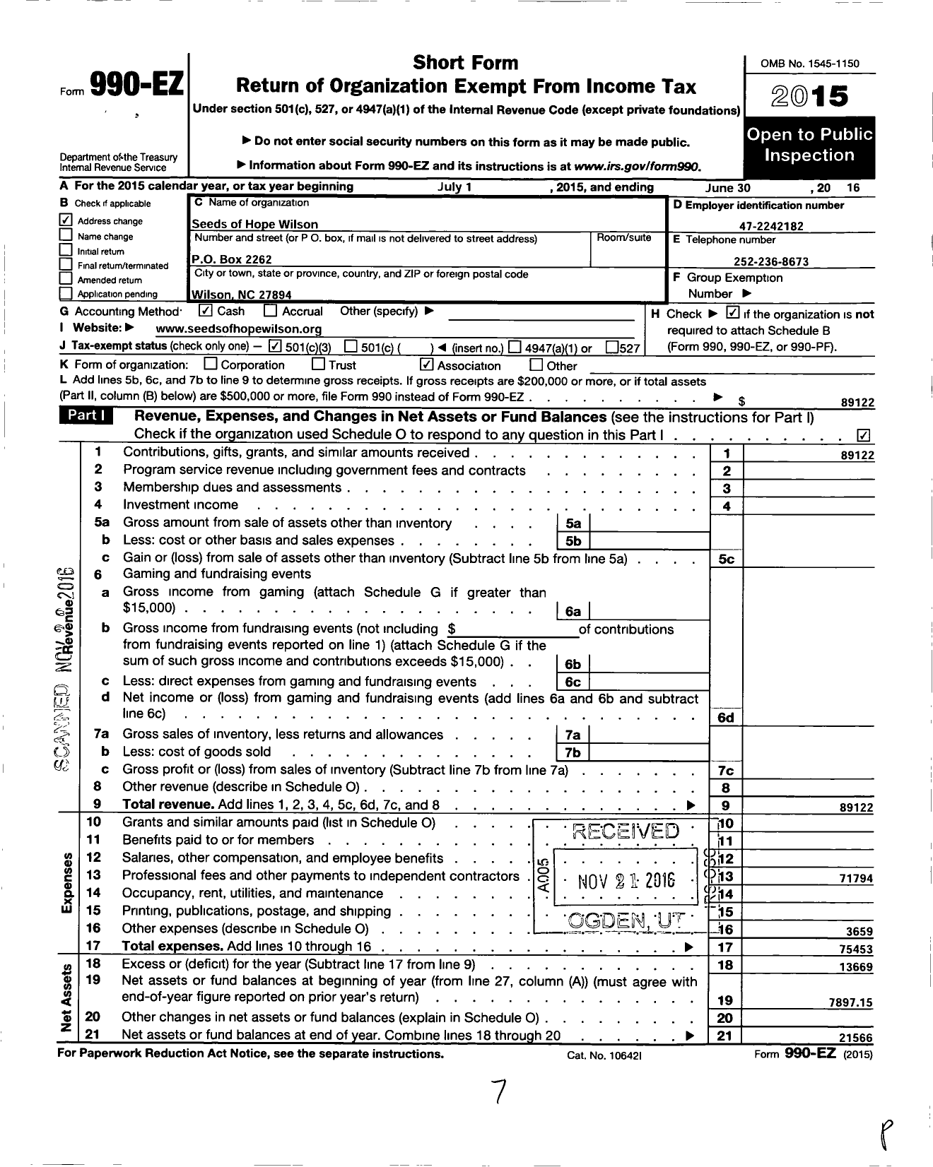 Image of first page of 2015 Form 990EZ for Seeds of Hope Wilson