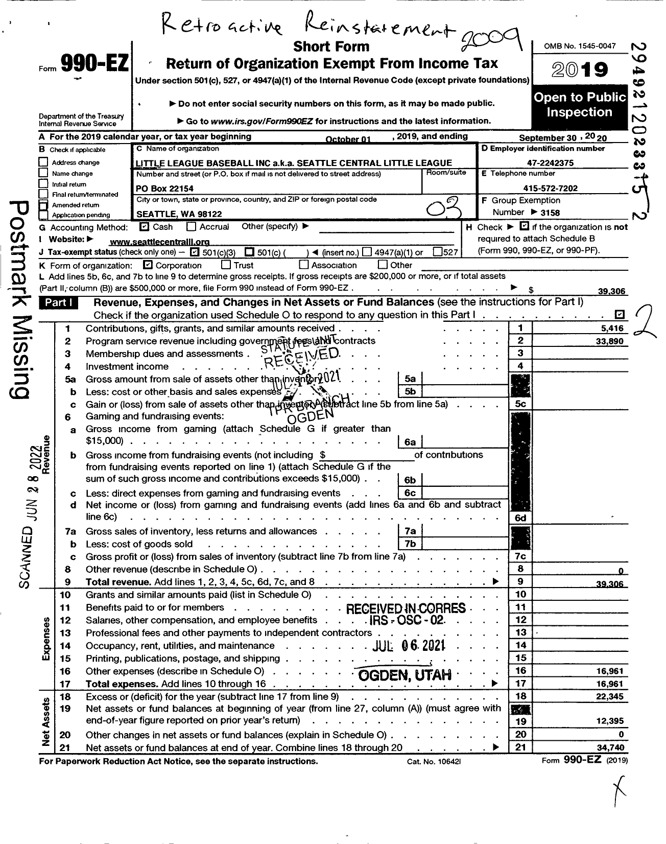 Image of first page of 2019 Form 990EZ for Little League Baseball / Seattle Center Little League