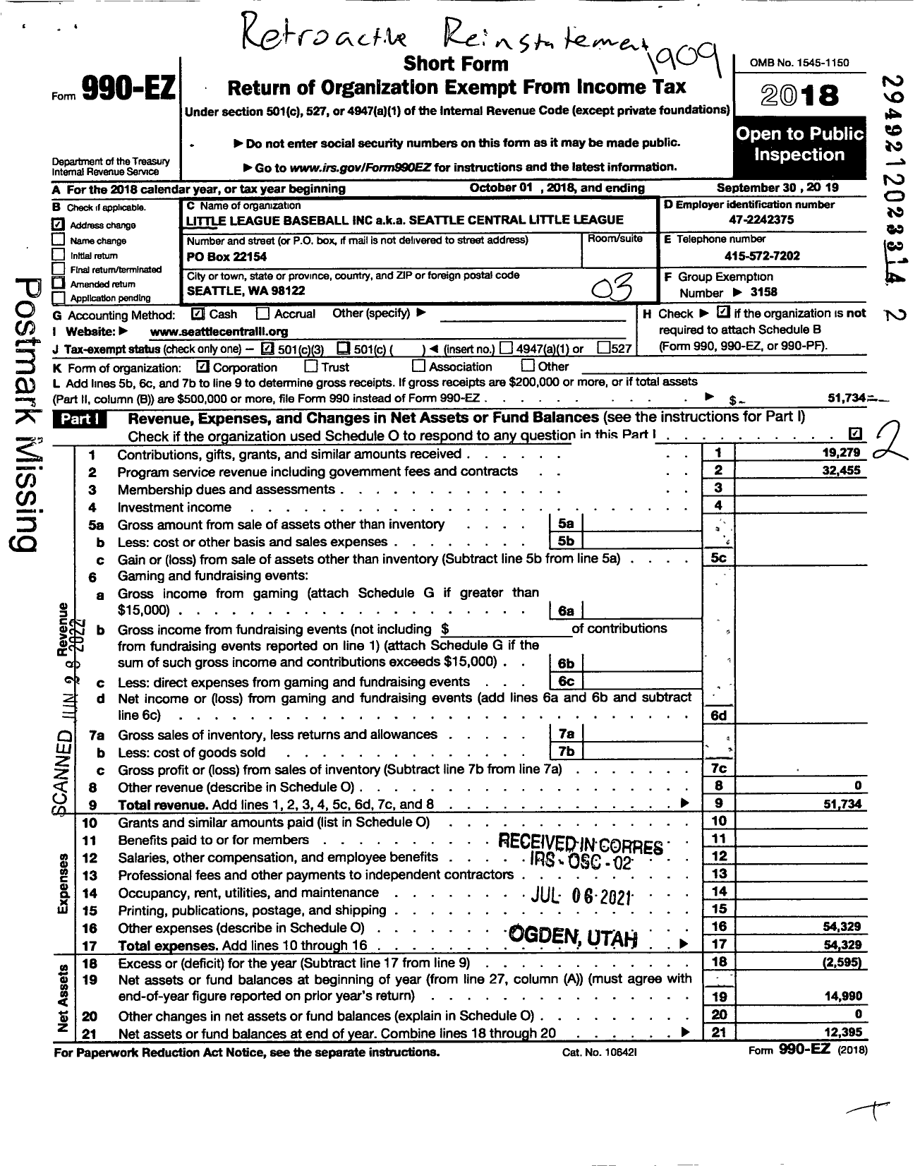 Image of first page of 2018 Form 990EZ for Little League Baseball / Seattle Center Little League