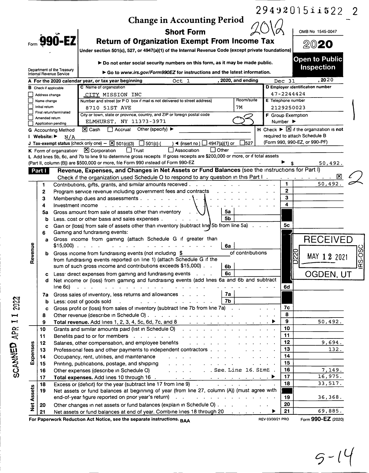 Image of first page of 2020 Form 990EZ for City Mission