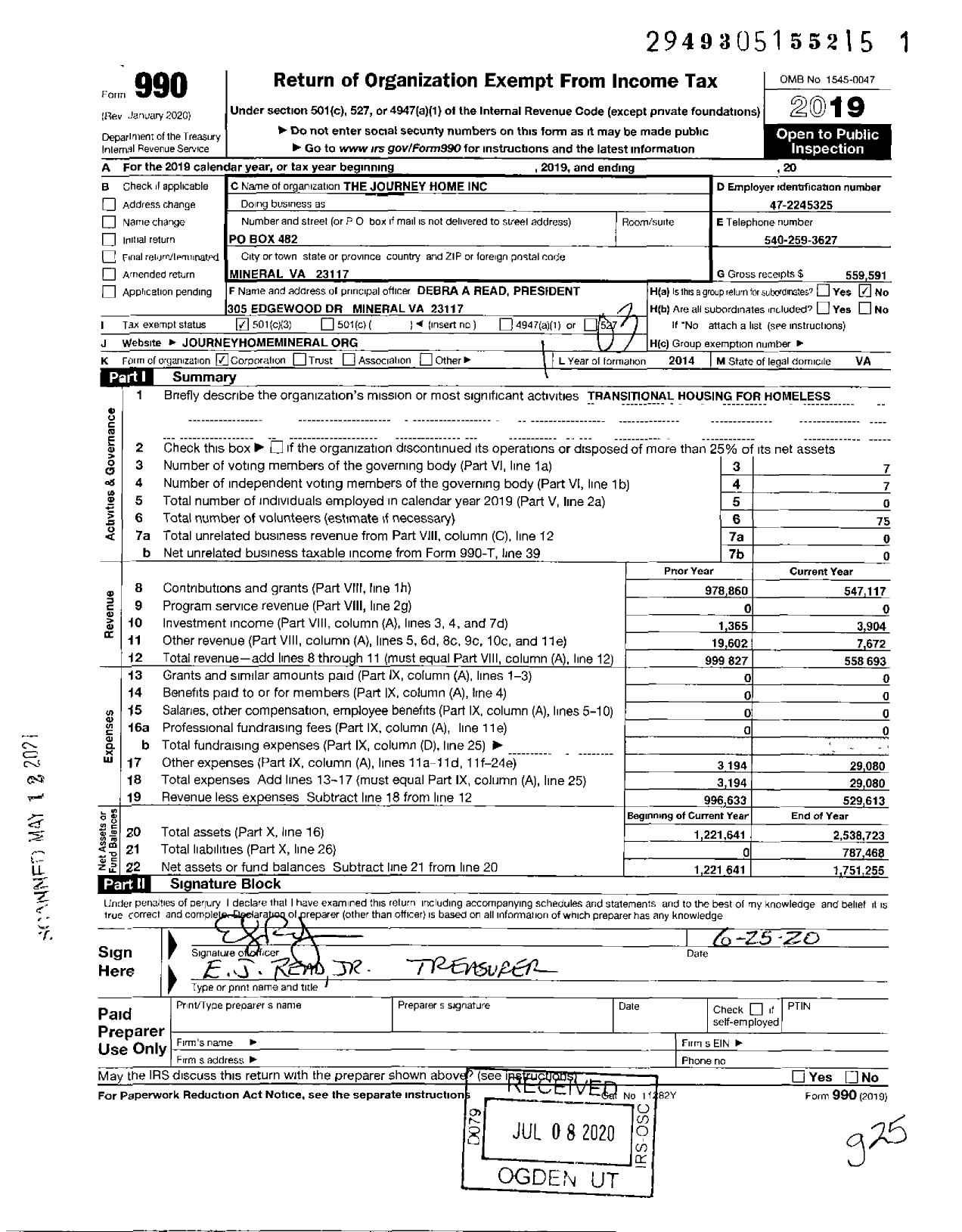 Image of first page of 2019 Form 990 for Journey Home