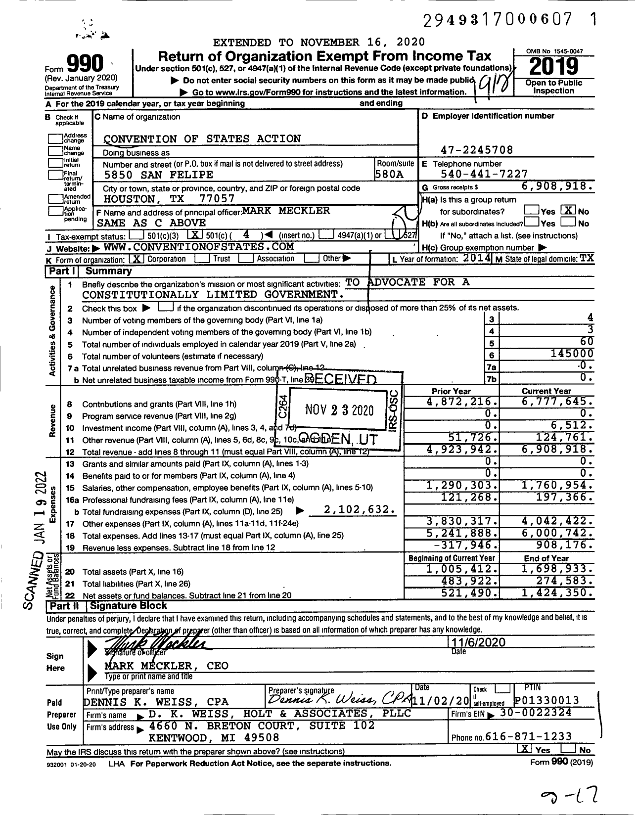 Image of first page of 2019 Form 990O for Convention of States Action