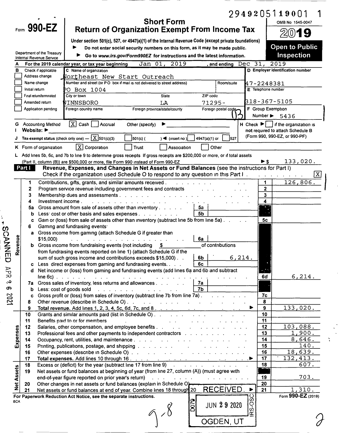 Image of first page of 2019 Form 990EZ for Northeast New Start Outreach